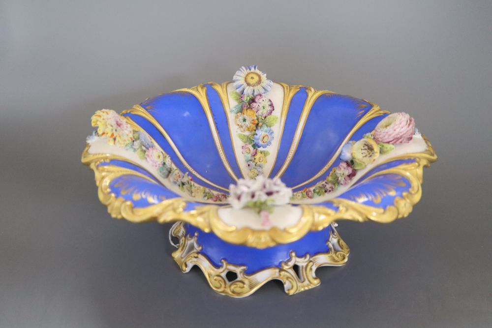 A Victorian porcelain floral encrusted pedestal dish, height 12cm